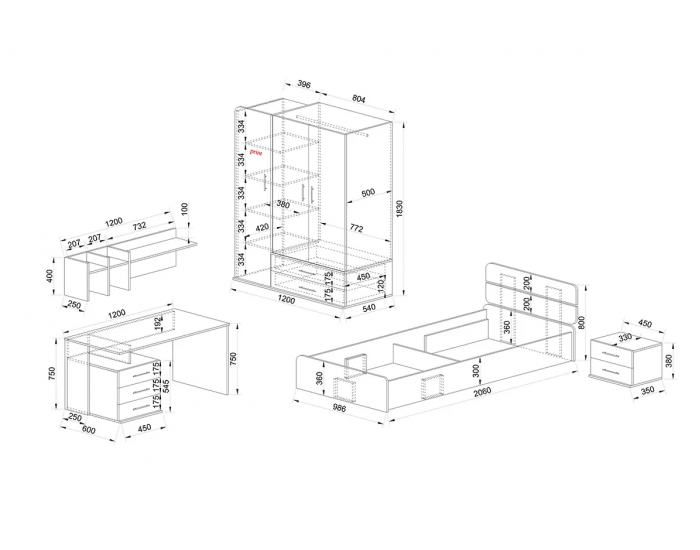 Детски спален комплект модел 5049 за матрак 90/200, Сонома тъмна/Бяло