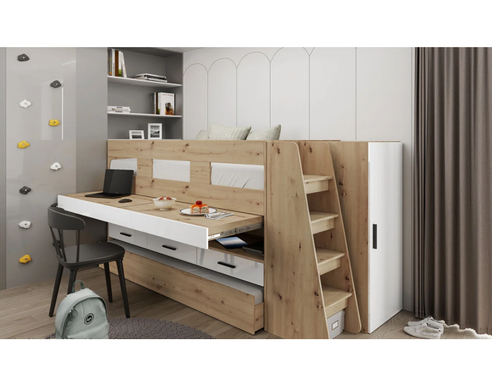 Детски спален комплект модел 5052 с двуетажно легло, Дъб Артисан/Бял Гланц