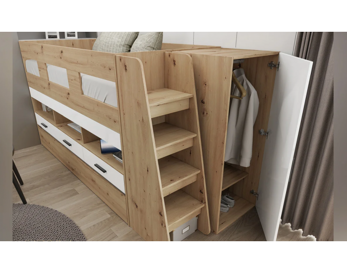 Детски спален комплект модел 5052 с двуетажно легло, Дъб Артисан/Бял Гланц