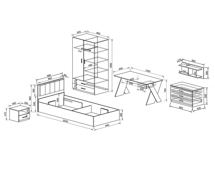 Детски спален комплект модел 5037 за матрак 90/200 см, Дъб крафт бял/Тюркоаз