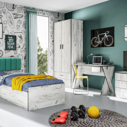Детски спален комплект модел 5037 за матрак 90/200 см, Дъб крафт бял/Тюркоаз - Bogdan Furniture I