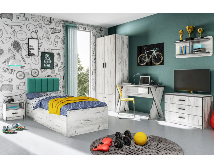 Детски спален комплект модел 5037 за матрак 90/200 см, Дъб крафт бял/Тюркоаз