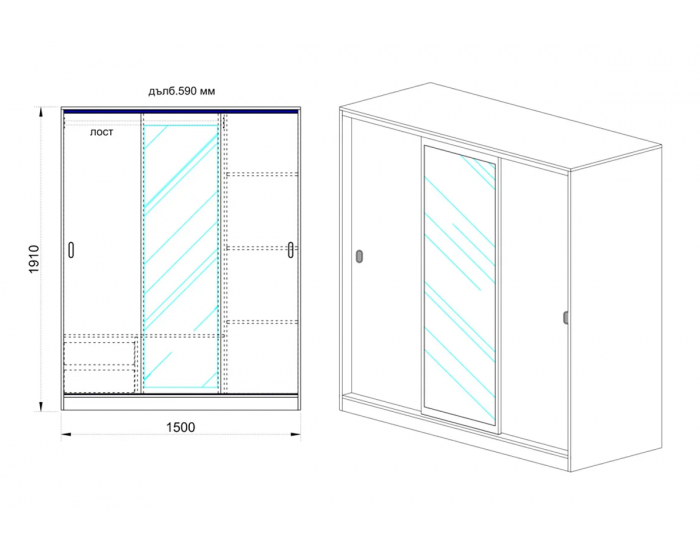 Гардероб с плъзгащи врати и огледало Mod 1006, Сонома тъмна