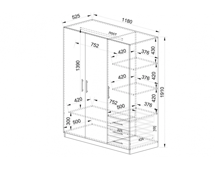 ﻿﻿﻿﻿﻿﻿﻿﻿﻿﻿﻿﻿Трикрилен гардероб Mod 1028 с чекмеджета, Дъб артисан