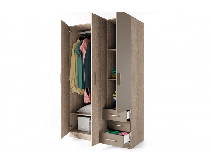 ﻿﻿﻿﻿﻿﻿﻿﻿﻿﻿﻿﻿﻿﻿﻿Трикрилен гардероб Mod 1028 с чекмеджета, Мока/Лате