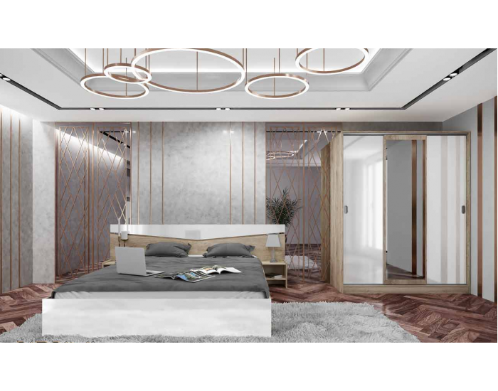 Спален комплект модел 7074 за матрак 160/200, Сонома арвен/Бял гланц