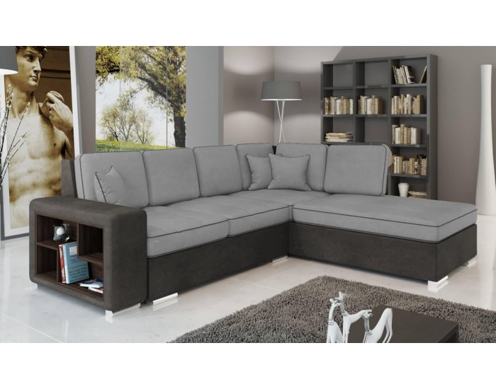 Ъглов диван модел BM-Sena с функция сън, ракла и подлакътник с вградена етажерка