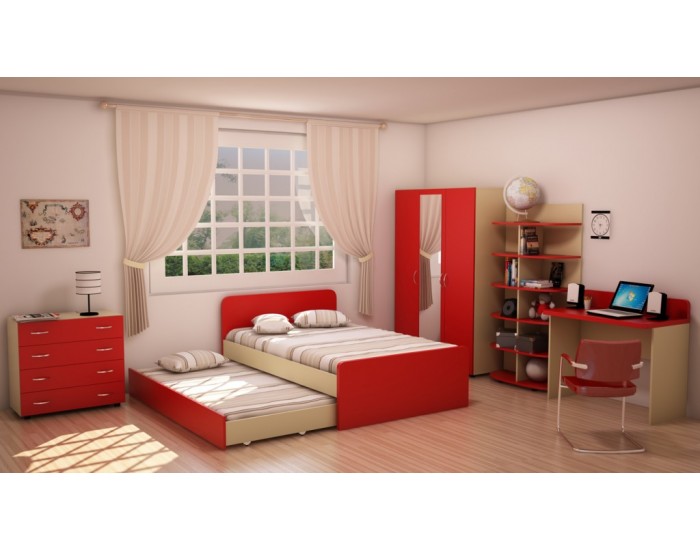 Детска стая Мебели Богдан модел BM Lena, цветове Червено и бежово - Комплекти детско обзавеждане