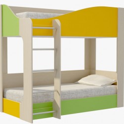 Детско двуетажно легло Мебели Богдан модел BM Mona, със стълба, жълто, зелено, акация - Mipa