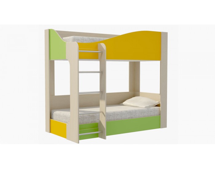 Детско двуетажно легло Мебели Богдан модел BM Mona, със стълба, жълто, зелено, акация - Детски легла