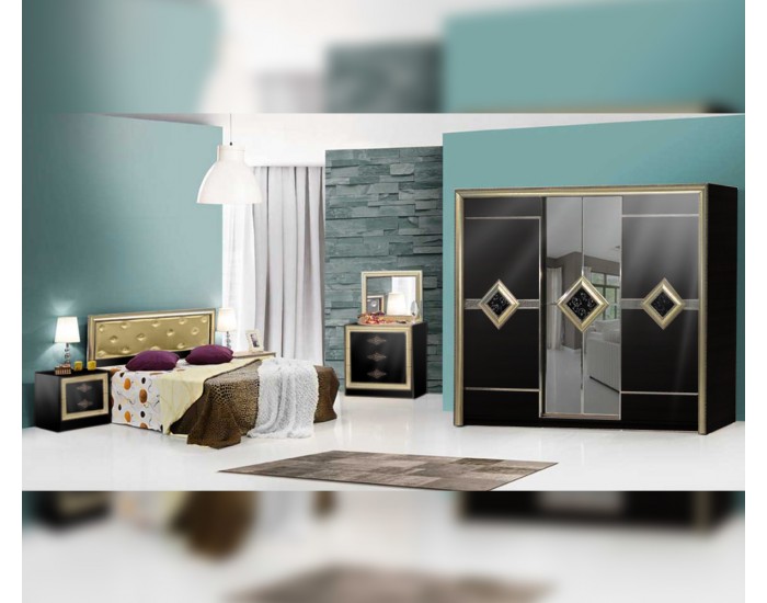 Луксозен спален комплект BM-Атлантис с LED осветление, включващ легло, гардероб, скрин, нощно шкафче и табла - Комплекти маси и столове