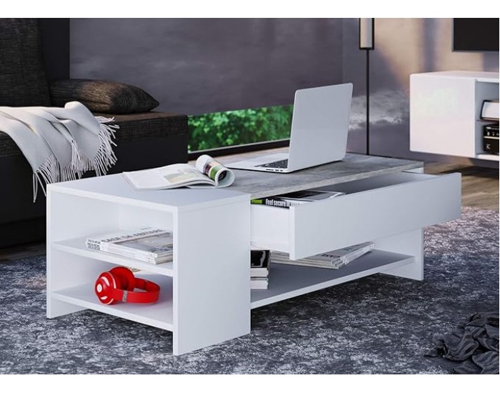 Холна маса с чекмедже ТИНДУС, Бяло и бетон Холна маса с чекмедже ТИНДУС, Бяло и бетон