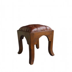 Табуретка EX Home модел Ming, Тиково дърво, Естествена кожа - Табуретки