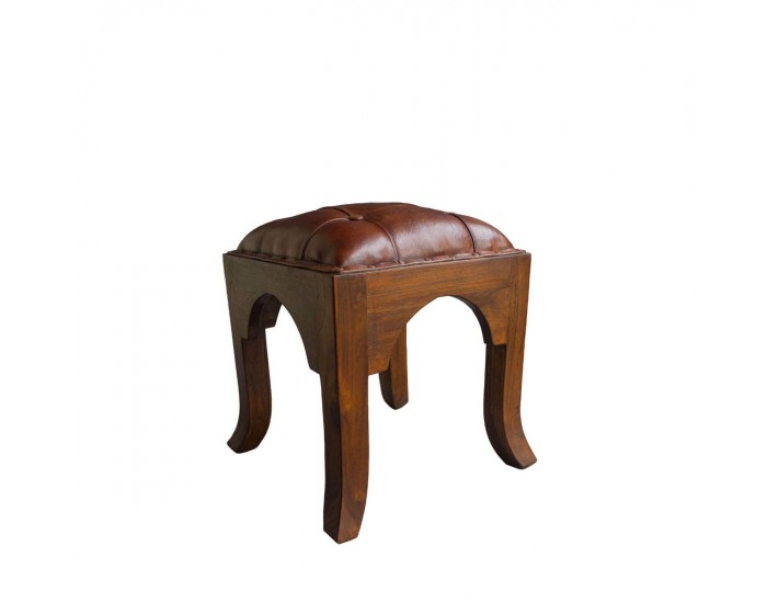 Табуретка EX Home модел Ming, Тиково дърво, Естествена кожа